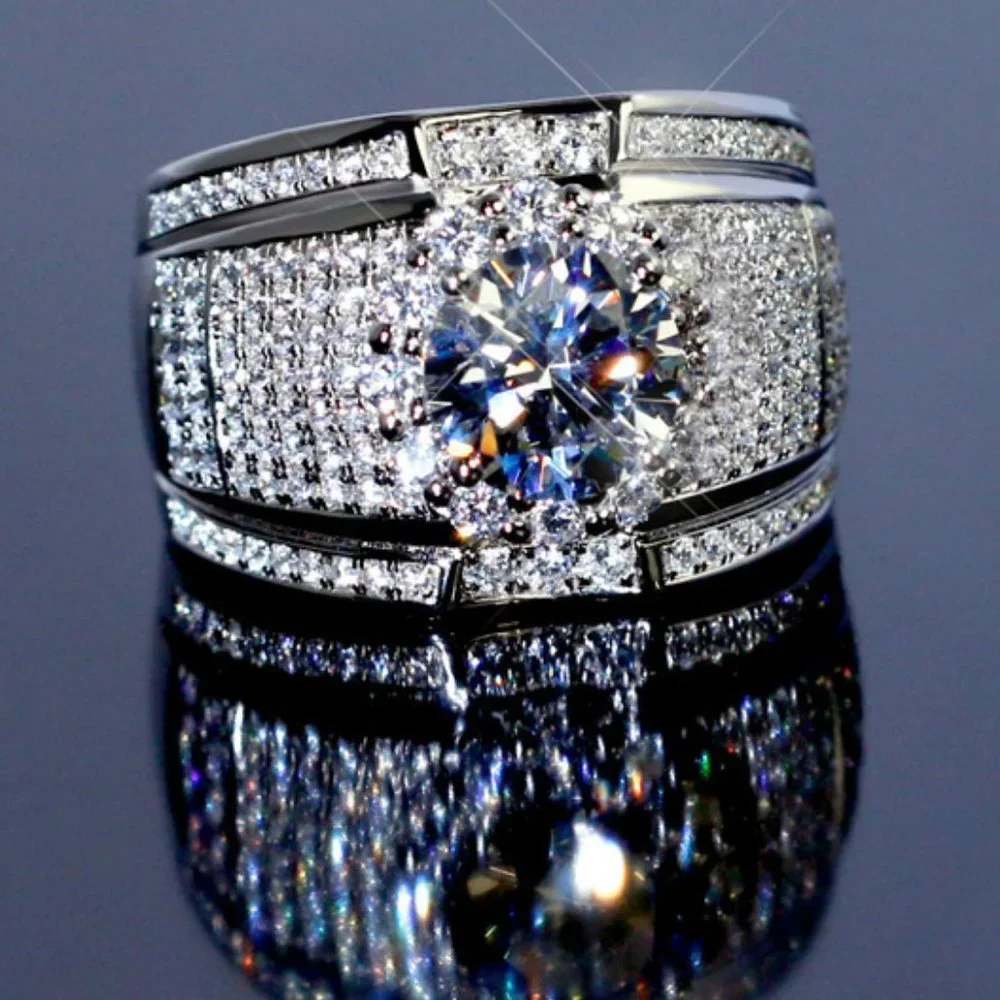 NEW Silver Round Halo Diamond Wide Wedding Band Ring - Picture 1 of 6